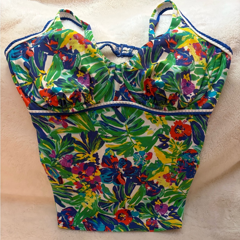 Lands' End Green Multi Floral One-Piece Swim Top